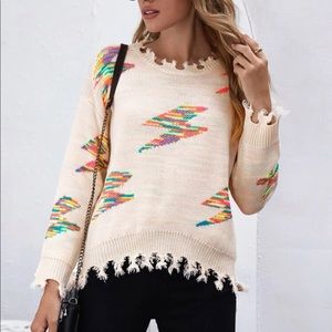 Marled Knit Raw Hem Lightning Bolt Sweater